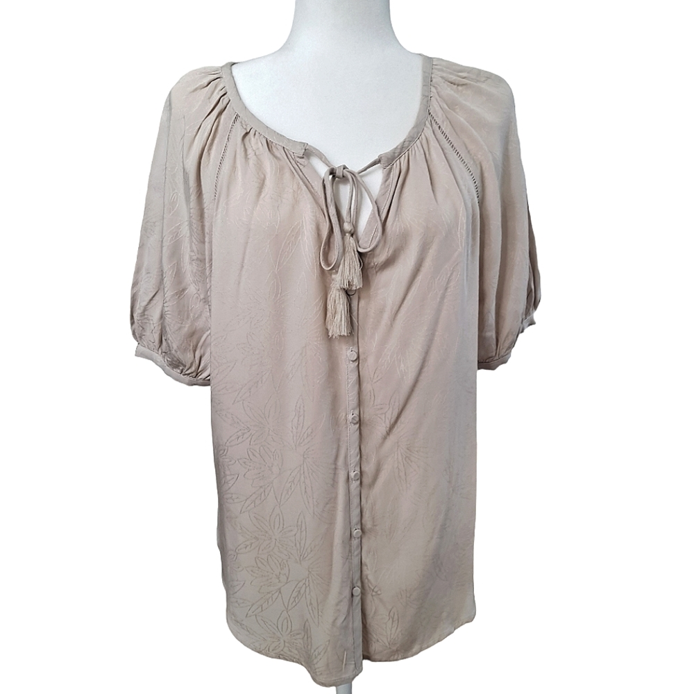 Love Stitch Tan Floral Print Balloon Sleeve Boho Bohemian Peasant Top Blouse szM